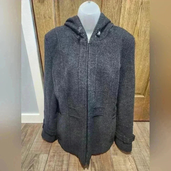 St. Johns Bay Ladies Wool Coat with Hood Charcoal Grey Size Large - Picture 1 of 6